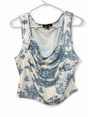 Blue & Cream Draped Cowl Neck Tank Top